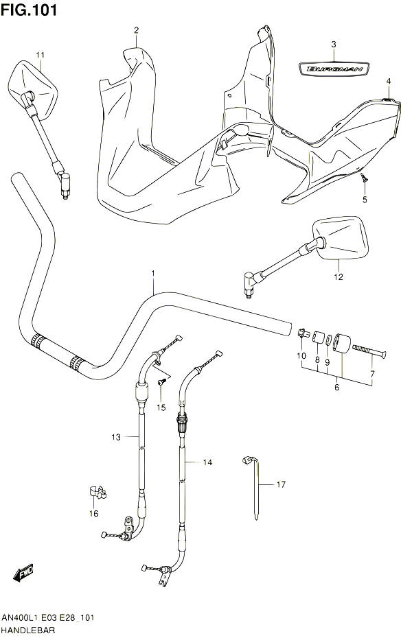 GUIDON AN400L1 E33 POUR SUZUKI BURGMAN 400 2011 POUR BURGMAN 400 AN400A L1  AN400ZA L1 