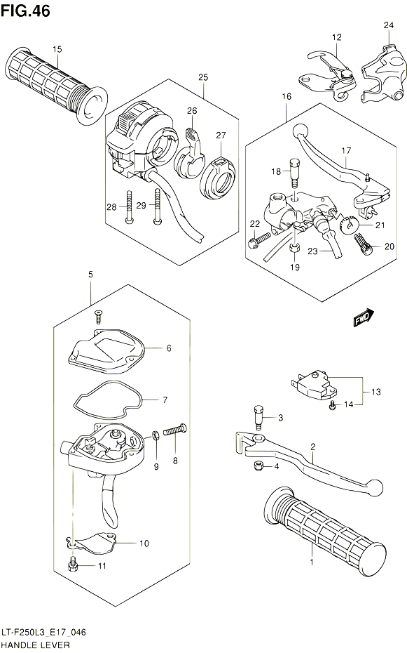 ENSEMBLE LEVIERS POIGNEES LT F250L3 E17 POUR SUZUKI OZARK 250 2013 POUR SUZUKI OZARKLT F250 L3 