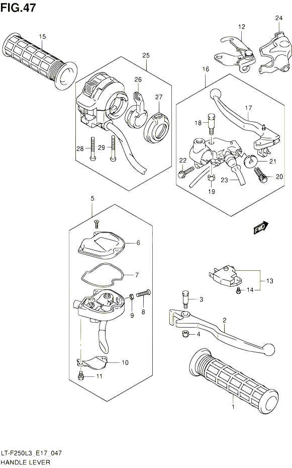 ENSEMBLE LEVIERS POIGNEES LT F250L3 E24 POUR SUZUKI OZARK 250 2013 POUR SUZUKI OZARKLT F250 L3 