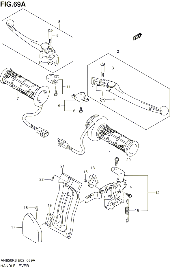 ENSEMBLE LEVIERS POIGNEES AN650AZ  K8 POUR SUZUKI BURGMAN 650 2007 POUR SUZUKI BURGMANAN650A K7 