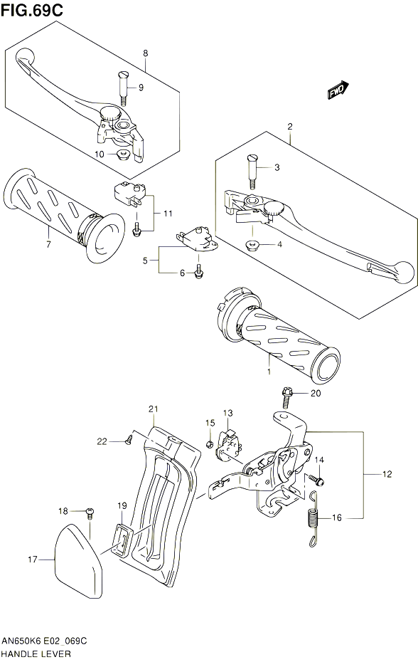 ENSEMBLE LEVIERS POIGNEES AN650AK9  AL0 E24E51P37 POUR SUZUKI BURGMAN 650 2007 POUR SUZUKI BURGMANAN650A K7 